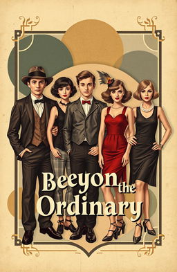 A vintage book cover design titled 'Beyond the Ordinary', featuring an intriguing composition of four young men and four young women