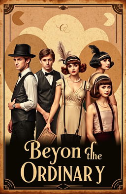 A vintage book cover design titled 'Beyond the Ordinary', featuring an intriguing composition of four young men and four young women