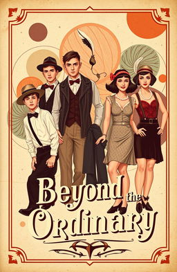 A vintage book cover design titled 'Beyond the Ordinary', featuring an intriguing composition of four young men and four young women