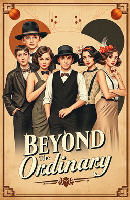 A vintage book cover design titled 'Beyond the Ordinary', featuring an intriguing composition of four young men and four young women