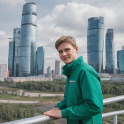 A future volunteer in Russia, equipped with advanced technology, assisting in an eco-friendly project amidst futuristic Russian cityscape with high-tech buildings