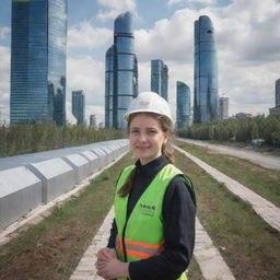 A future volunteer in Russia, equipped with advanced technology, assisting in an eco-friendly project amidst futuristic Russian cityscape with high-tech buildings