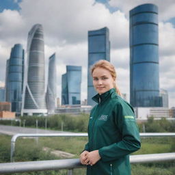 A future volunteer in Russia, equipped with advanced technology, assisting in an eco-friendly project amidst futuristic Russian cityscape with high-tech buildings