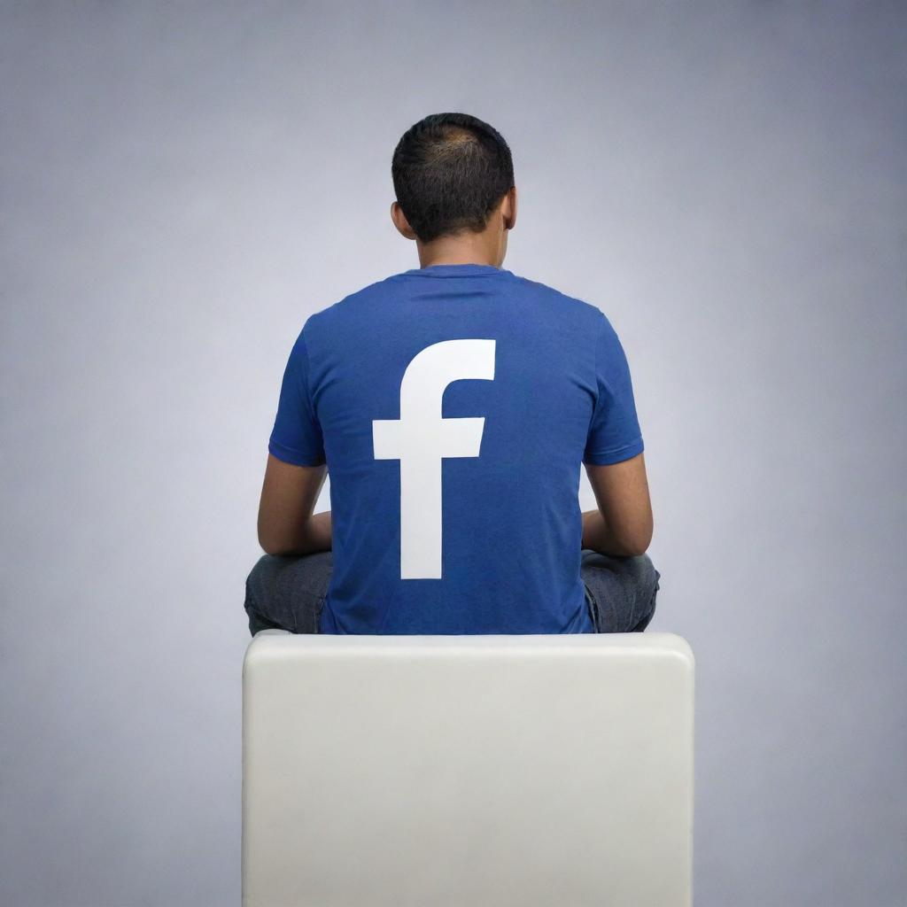 A high-definition, realistic image of an Indonesian man sitting atop a large Facebook logo