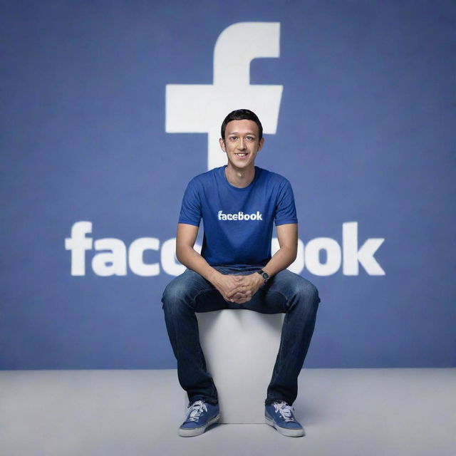 A high-definition, realistic image of an Indonesian man sitting atop a large Facebook logo