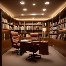 Create a 15ft by 15ft boss office with a large desk, comfortable chair, bookshelves, and subtle lighting.