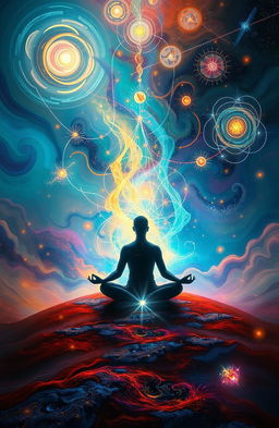A mystical and abstract interpretation of self-reflection, featuring an ethereal landscape with swirling colors, dream-like forms, and light trails symbolizing thoughts and emotions