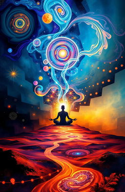 A mystical and abstract interpretation of self-reflection, featuring an ethereal landscape with swirling colors, dream-like forms, and light trails symbolizing thoughts and emotions