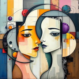 An abstract art piece representing self-reflection, composed of geometric shapes, flowing lines, and a mix of vibrant and muted colors