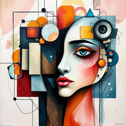 An abstract art piece representing self-reflection, composed of geometric shapes, flowing lines, and a mix of vibrant and muted colors