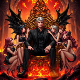 Lucifer Morningstar, the charismatic and charming figure, sits confidently on a lavish, ornate throne in a fiery Hellscape