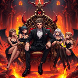 Lucifer Morningstar, the charismatic and charming figure, sits confidently on a lavish, ornate throne in a fiery Hellscape
