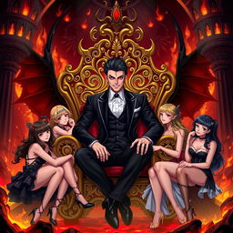 Lucifer Morningstar, the charismatic and charming figure, sits confidently on a lavish, ornate throne in a fiery Hellscape