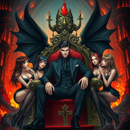 Lucifer Morningstar, the charismatic and charming figure, sits confidently on a lavish, ornate throne in a fiery Hellscape