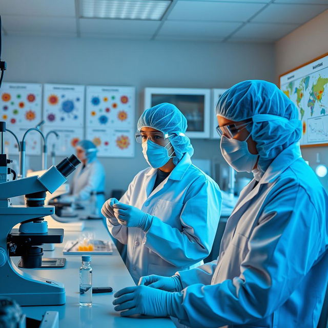 Biologists studying viruses in a laboratory setting, wearing protective gear, focused on their research