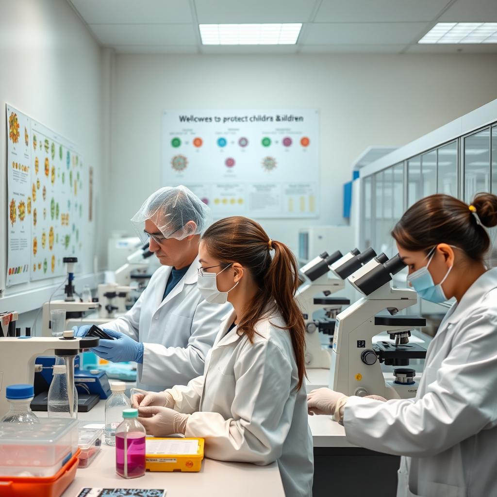 Biologists studying viruses in a laboratory setting, wearing protective gear, focused on their research