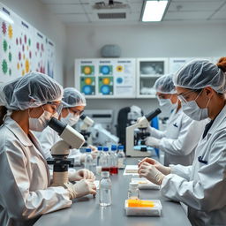 Biologists studying viruses in a laboratory setting, wearing protective gear, focused on their research