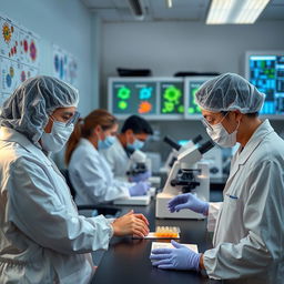 Biologists studying viruses in a laboratory setting, wearing protective gear, focused on their research