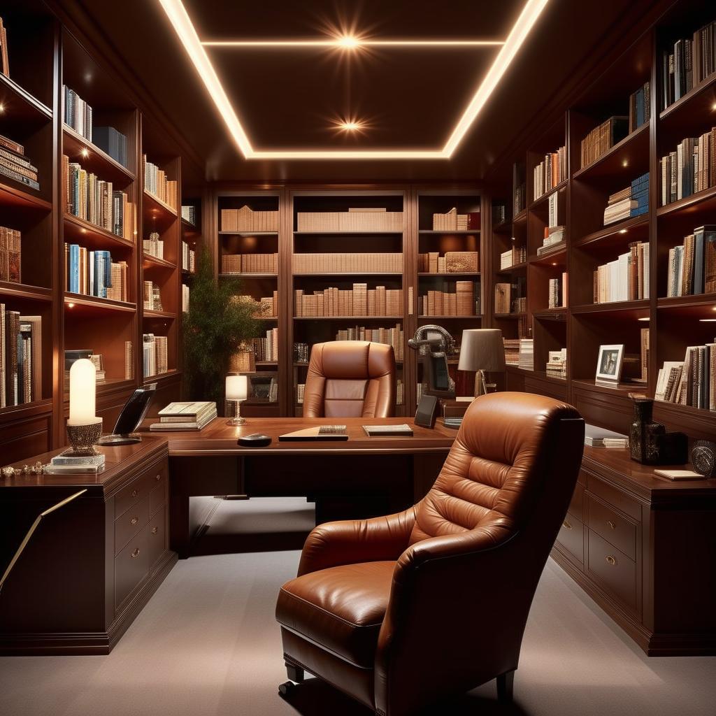 A luxurious boss office, measuring 15ft by 15ft, equipped with a grand desk, a plush executive chair, and wall-to-wall bookshelves, illuminated by classy ambient lighting.