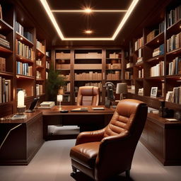 A luxurious boss office, measuring 15ft by 15ft, equipped with a grand desk, a plush executive chair, and wall-to-wall bookshelves, illuminated by classy ambient lighting.