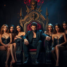 Tom Ellis as Lucifer Morningstar sitting on a magnificent throne in Hell, exuding a charismatic and confident demeanor