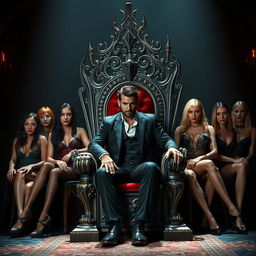 Tom Ellis as Lucifer Morningstar sitting on a magnificent throne in Hell, exuding a charismatic and confident demeanor
