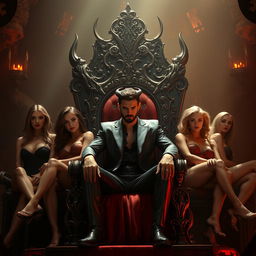 Tom Ellis as Lucifer Morningstar sitting on a magnificent throne in Hell, exuding a charismatic and confident demeanor