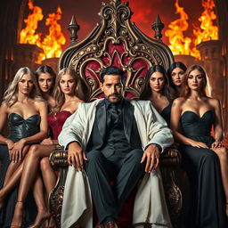 Tom Ellis, the charismatic actor known for his role as Lucifer, sits confidently on a lavish throne in a hellish landscape