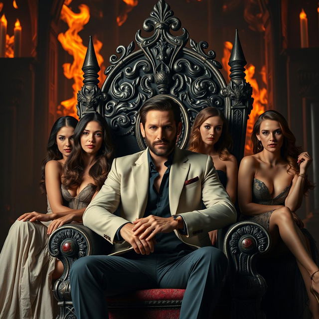 Tom Ellis, the charismatic actor known for his role as Lucifer, sits confidently on a lavish throne in a hellish landscape