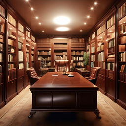 A luxurious boss office, measuring 15ft by 15ft, equipped with a grand desk, a plush executive chair, and wall-to-wall bookshelves, illuminated by classy ambient lighting.