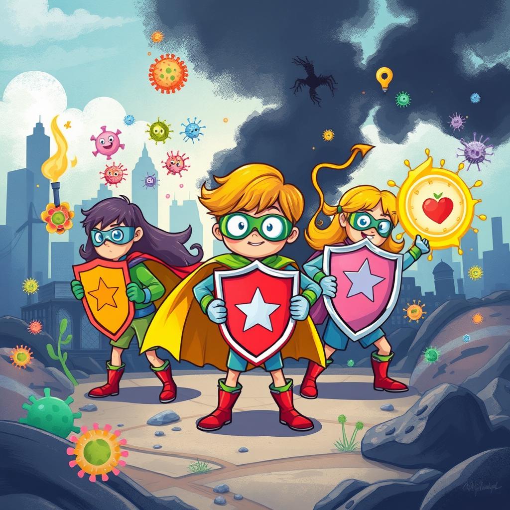 Children illustrating a character or several characters standing guard over people's health, heroically battling against pollution and harmful microorganisms