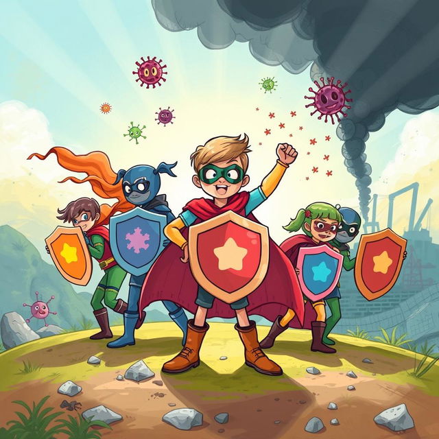 Children illustrating a character or several characters standing guard over people's health, heroically battling against pollution and harmful microorganisms