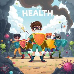 Children illustrating a character or several characters standing guard over people's health, heroically battling against pollution and harmful microorganisms