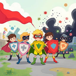 Children illustrating a character or several characters standing guard over people's health, heroically battling against pollution and harmful microorganisms