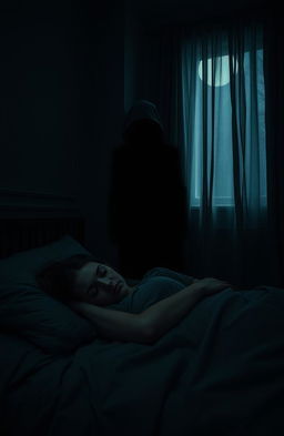 A woman sleeping in her bed with her eyes closed tightly, depicting a serene yet vulnerable pose