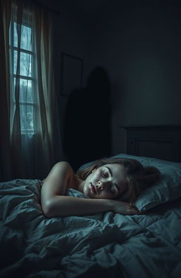 A woman sleeping in her bed with her eyes closed tightly, depicting a serene yet vulnerable pose