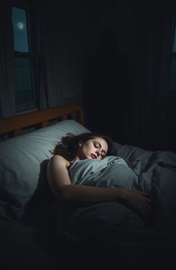 A woman sleeping in her bed with her eyes closed tightly, depicting a serene yet vulnerable pose