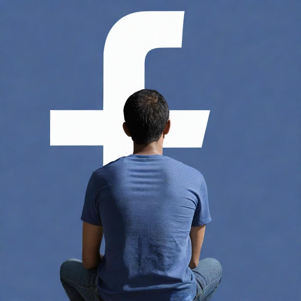 A high-definition, realistic image of an Indonesian man sitting atop large Facebook text