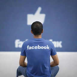 A high-definition, realistic image of an Indonesian man sitting atop large Facebook text