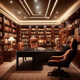 A luxurious boss office, measuring 15ft by 15ft, equipped with a grand desk, a plush executive chair, and wall-to-wall bookshelves, illuminated by classy ambient lighting.