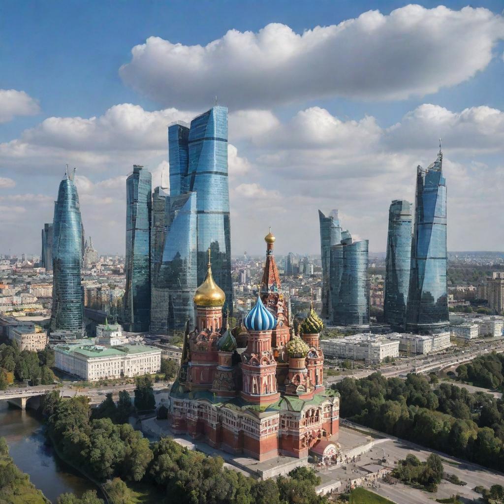 Envision an idyllic future representation of Russia with towering skyscrapers, stunning natural landscapes, advanced technology mixing seamlessly with rich cultural heritage