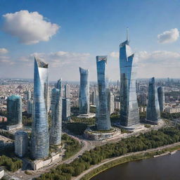 Envision an idyllic future representation of Russia with towering skyscrapers, stunning natural landscapes, advanced technology mixing seamlessly with rich cultural heritage