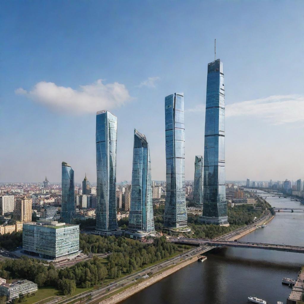 Envision an idyllic future representation of Russia with towering skyscrapers, stunning natural landscapes, advanced technology mixing seamlessly with rich cultural heritage