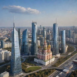 Envision an idyllic future representation of Russia with towering skyscrapers, stunning natural landscapes, advanced technology mixing seamlessly with rich cultural heritage