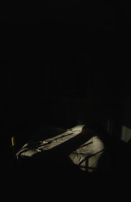 An empty bed in the middle of a dimly lit room, casting long shadows