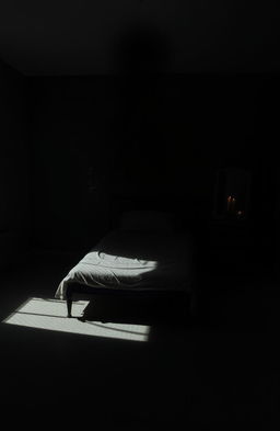 An empty bed in the middle of a dimly lit room, casting long shadows