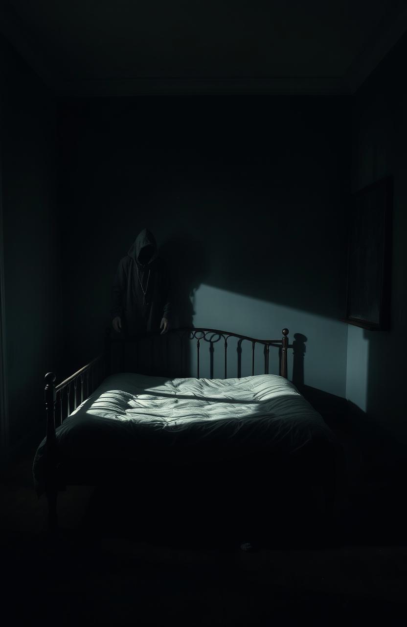 An empty bed in the middle of a dimly lit room, casting long shadows