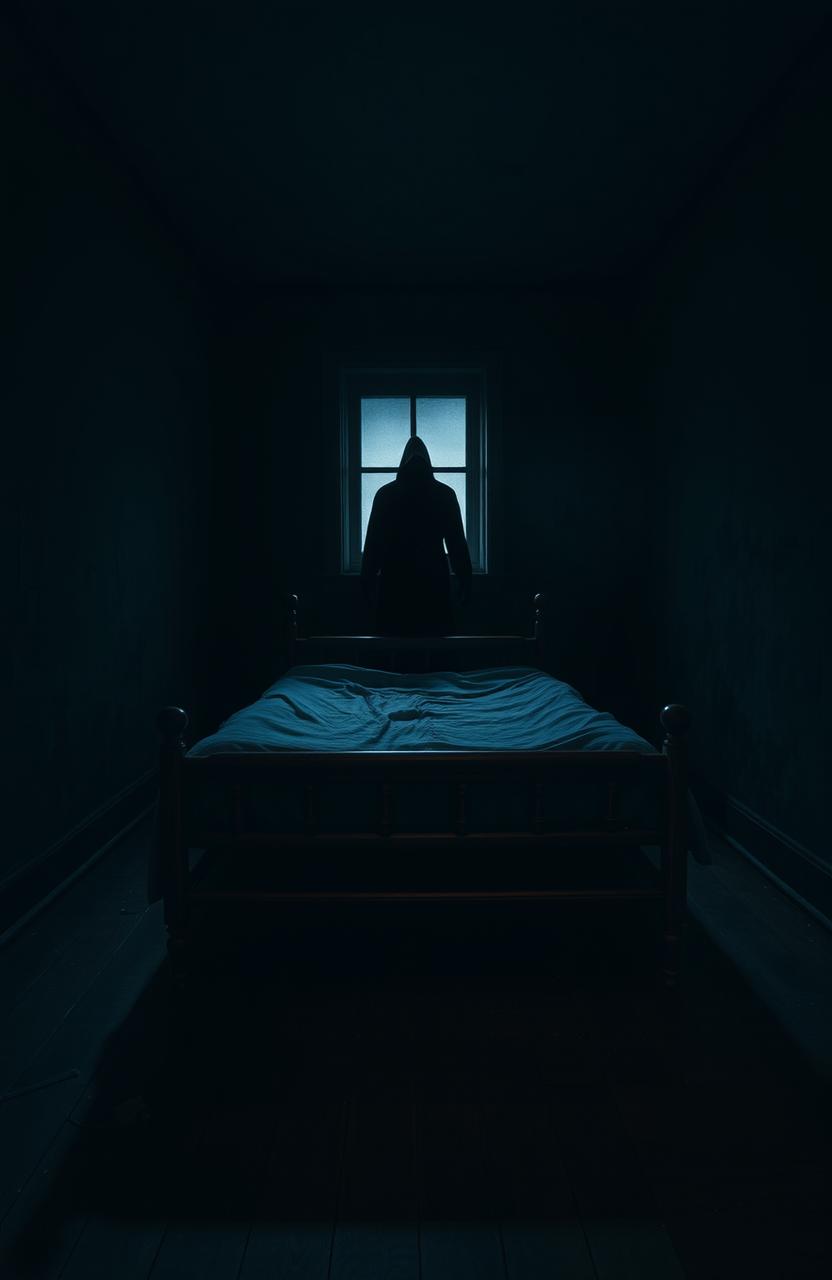 An empty bed positioned in the center of a dimly lit, unsettling room