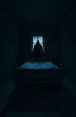 An empty bed positioned in the center of a dimly lit, unsettling room