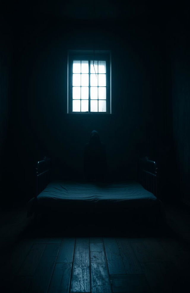 An empty bed positioned in the center of a dimly lit, unsettling room